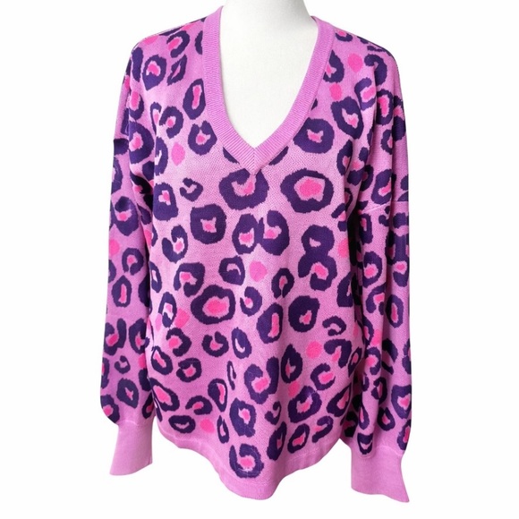 Lilly Pulitzer Pink Leopard Print V-Neck Sweater M - Picture 2 of 5